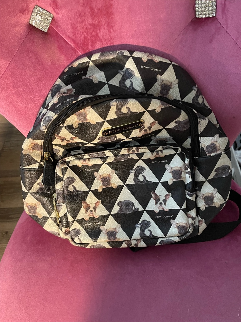 Betsey Johnson Black & White Dog Print Mini Backpack with Pink Interior
